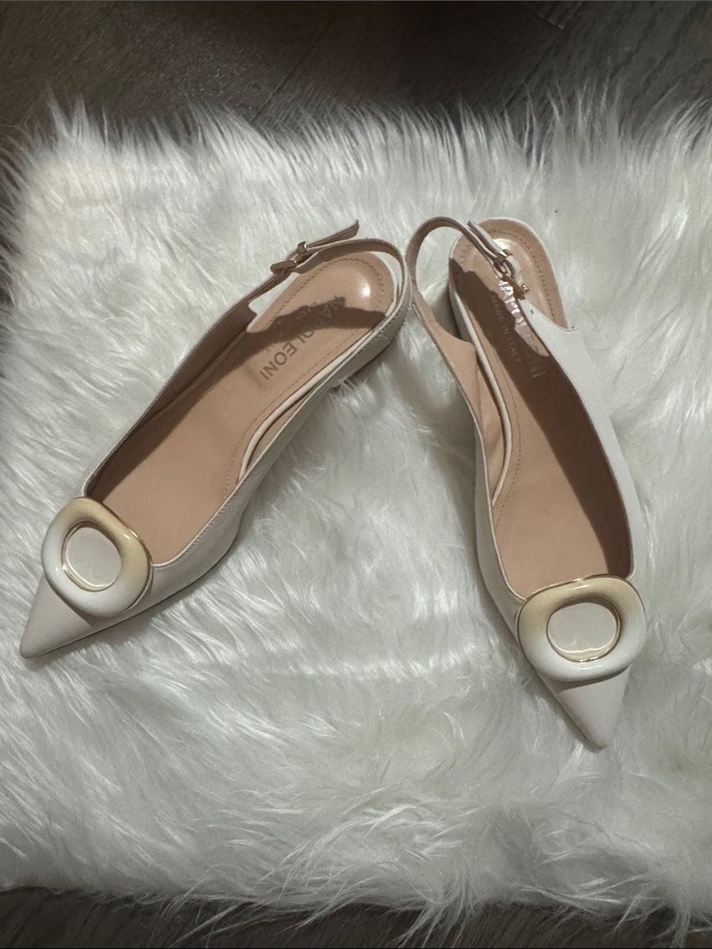 Napoleoni White Pointed Slingback Flats with Decorative Buckle